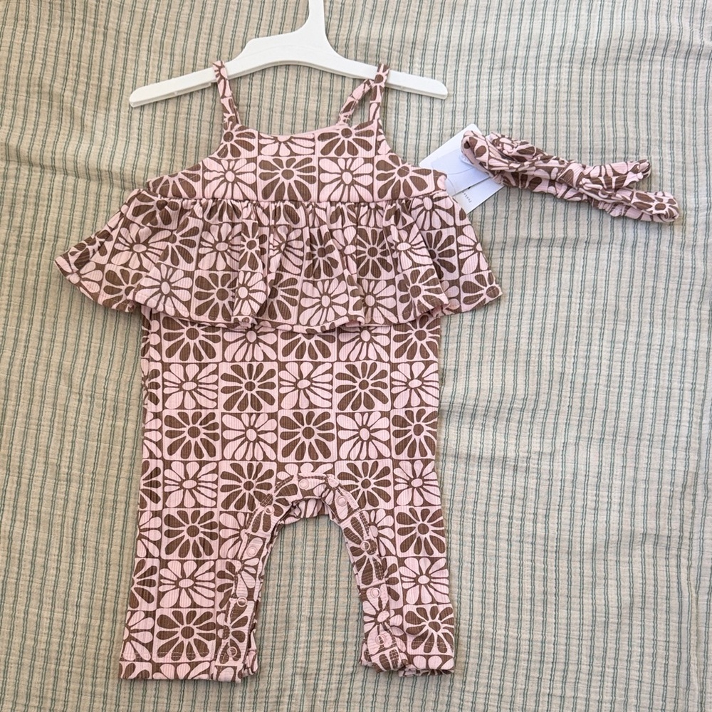 Grayson Mini Girls Pink Floral Ruffle Romper with Headband — 3-6 months